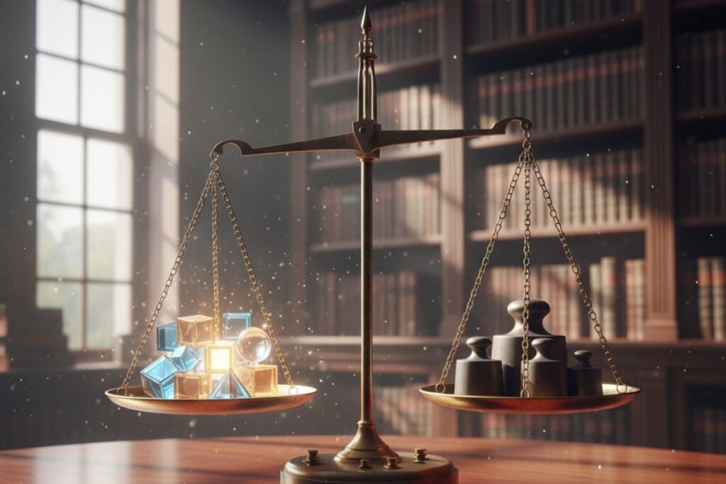 Uma balança de metal em estilo clássico repousa sobre uma mesa de madeira em uma biblioteca. No prato esquerdo, diversos sólidos geométricos translúcidos e brilhantes em tons de azul e dourado parecem leves e irradiam luz, simbolizando a gratidão e o equilíbrio emocional. No prato direito, pesos de metal escuros e sólidos representam as decisões financeiras e o peso da realidade material. A balança está em perfeito equilíbrio, ilustrando a harmonia entre o controle emocional e a consciência financeira.
