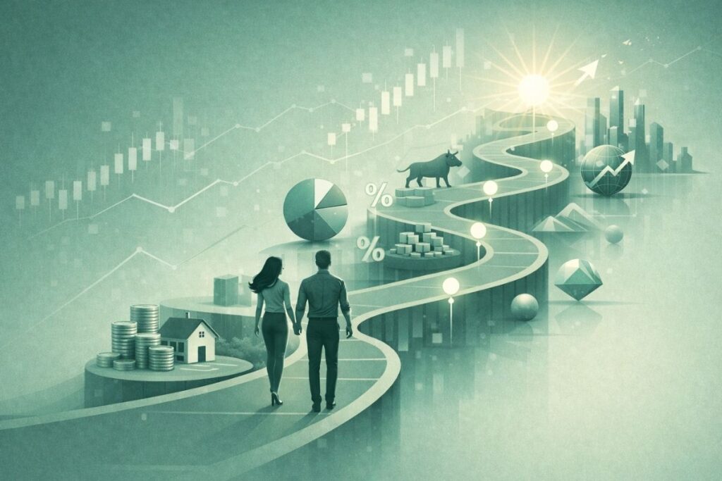 Ilustração conceitual sobre a progressão dos níveis da independência financeira ao longo do tempo.